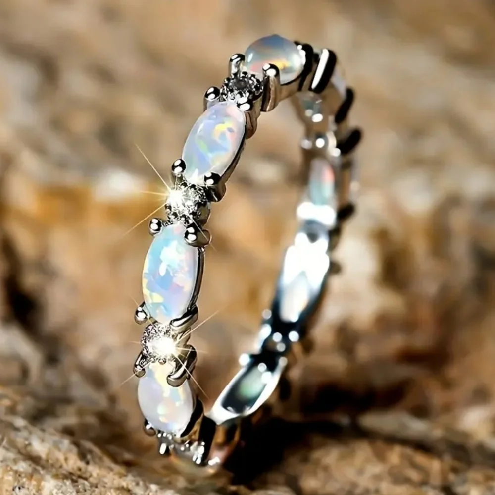 Elegant Opal and Silvery Women's Ring Sz 6